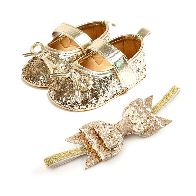 OAISNIT Baby Girl Mary Jane Flats Sparkly Soft Infant Princess Dress Crib Shoes with Headband (12-18 Months Toddler, 3-Gold) - Image 1
